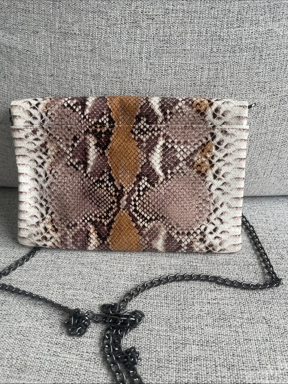 Snake-Print Envelope Crossbody Clutch in Taupe, Purple and Tan